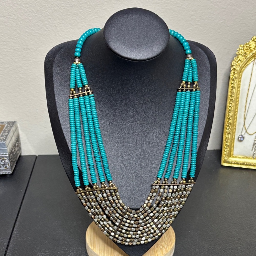 Turquoise Silver Beaded Layered Statement Southwestern Boho Necklace